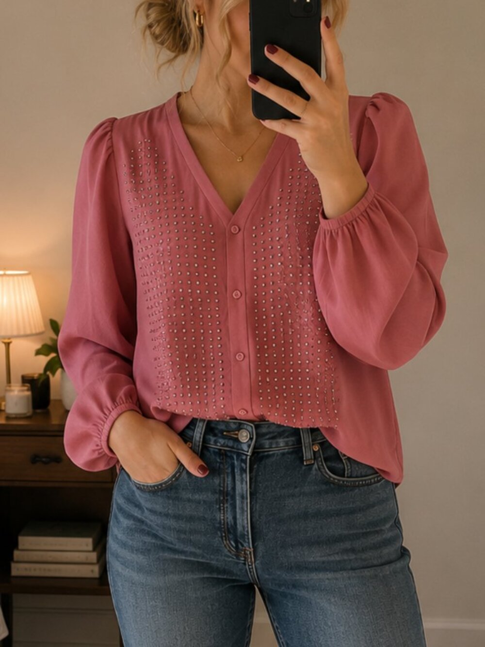 Dennis Basso Blouse XS Dusty Rose Pink Rhinestone Georgette Balloon Sleeve Top
